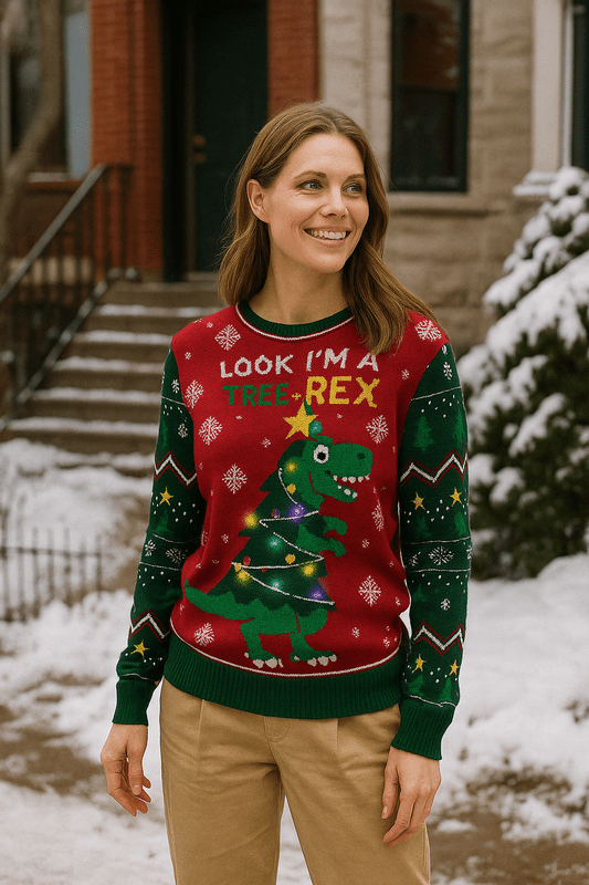Unisex Foute Kersttrui met LED-Verlichting - Tree-Rex Design voor Dames en Heren, Lange Mouwen, Machinewasbaar 2