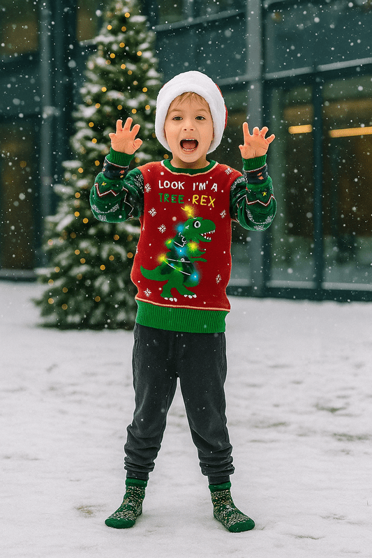 Unisex Foute Kersttrui met LED-Verlichting - Tree-Rex Design voor Dames en Heren, Lange Mouwen, Machinewasbaar 5