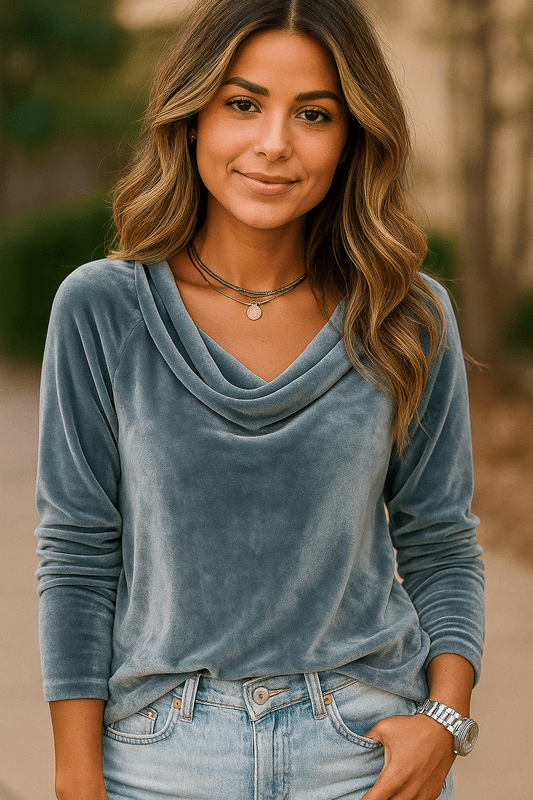 Fluwelen Top met Gedrapeerde Halslijn en Lange Mouwen – Luxe Casual Elegante Blouse 4