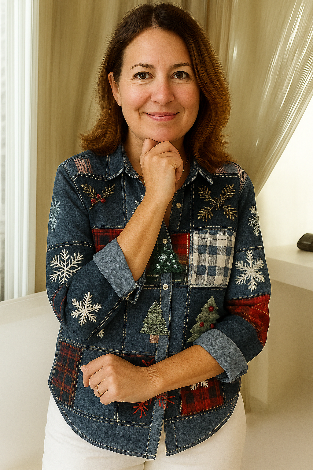 Casual Patchwork Blouse Dames voor Feestelijke Gelegenheden - Zacht en Comfortabel, Perfect voor Winteractiviteiten 2