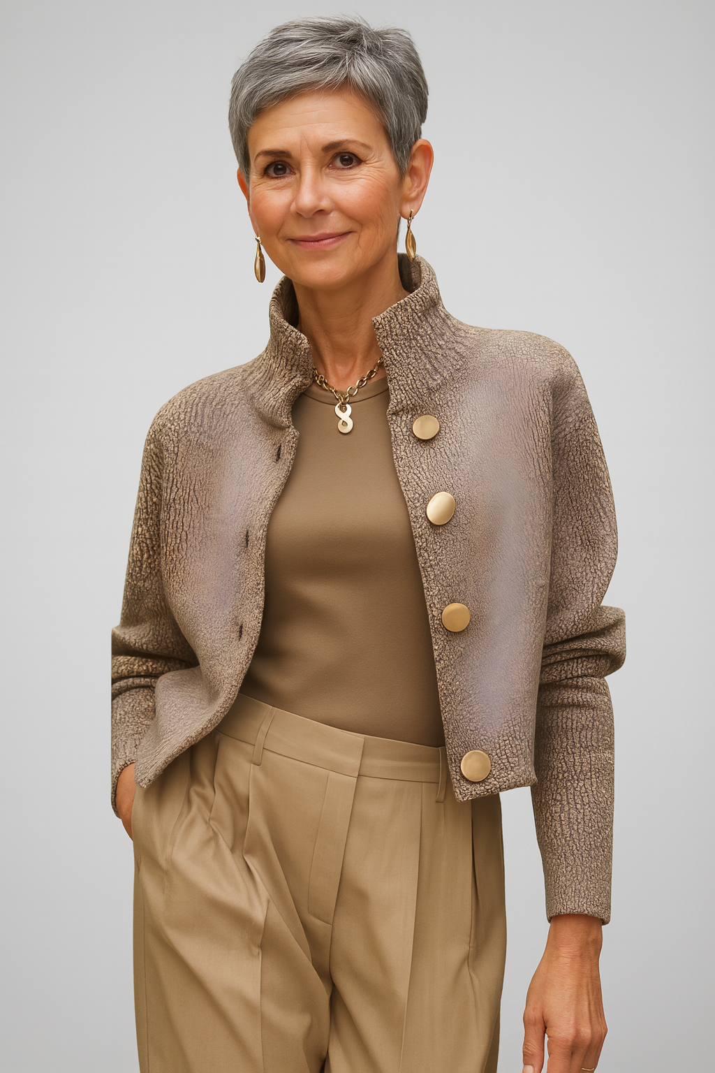 Elegant Gestructureerd Jasje met Gouden Knopen - Luxe Textuur, Getailleerde Pasvorm, Neutrale Aardetint 1