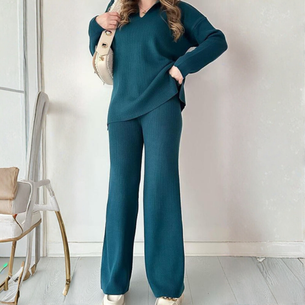 Tweedelige Gebreide Set met Split - Zachte Ademende Stof voor Comfortabele Winterdagen - V-hals Casual en Chic 3