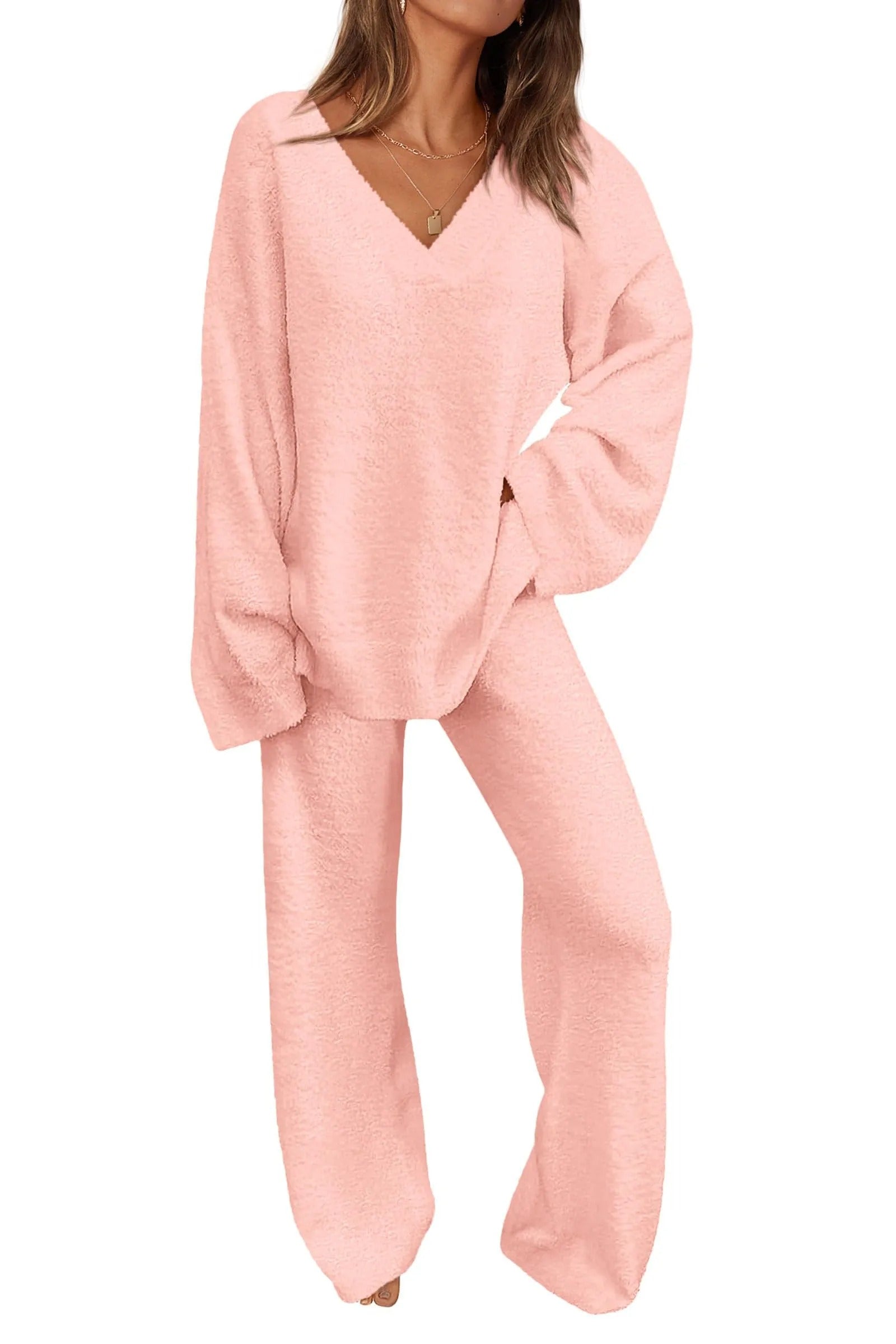 Dames 2-delige Oversized V-Hals Fuzzy Lounge Set – Comfortabele & Stijlvolle Loungewear 3