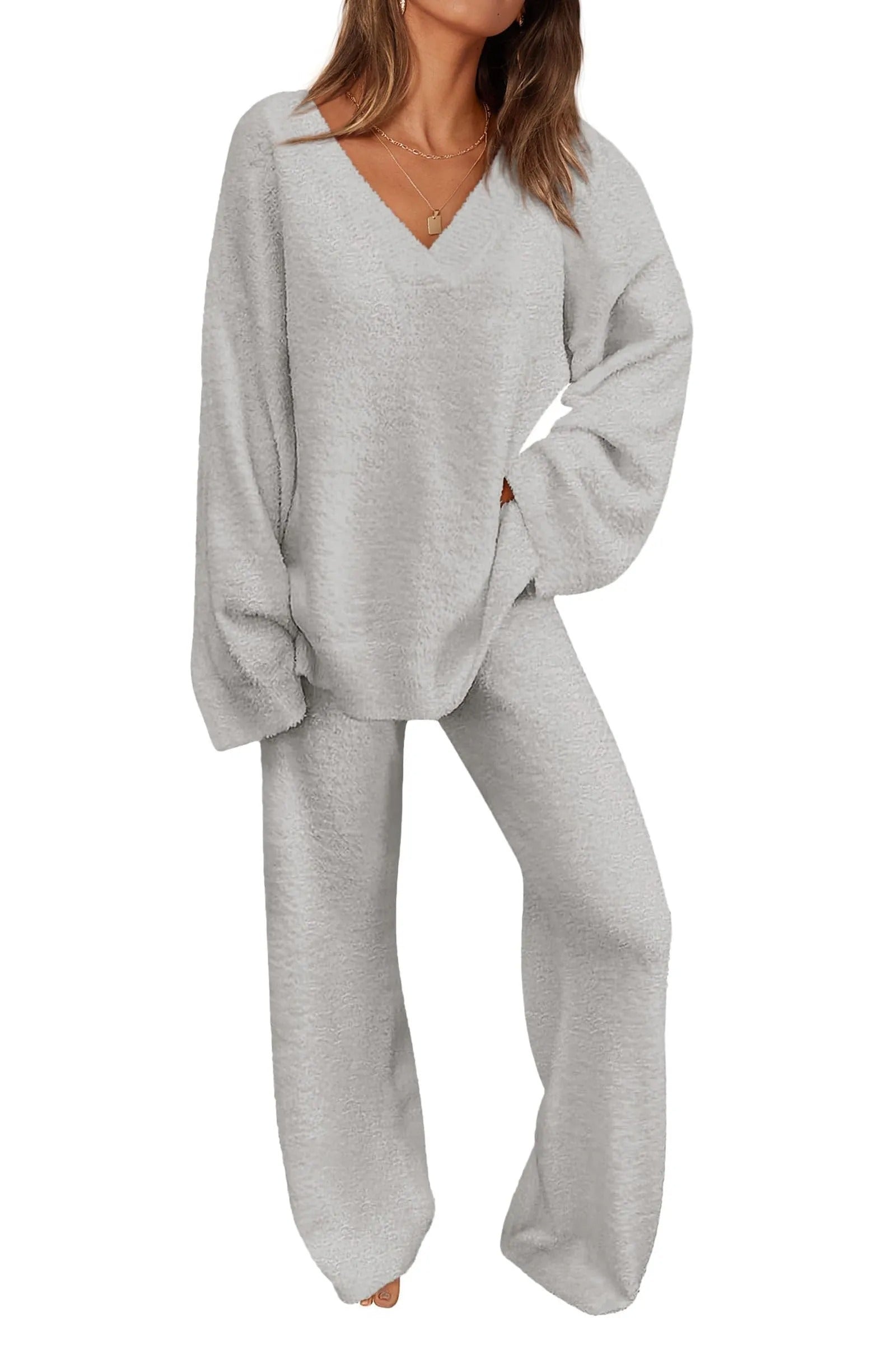 Dames 2-delige Oversized V-Hals Fuzzy Lounge Set – Comfortabele & Stijlvolle Loungewear 6