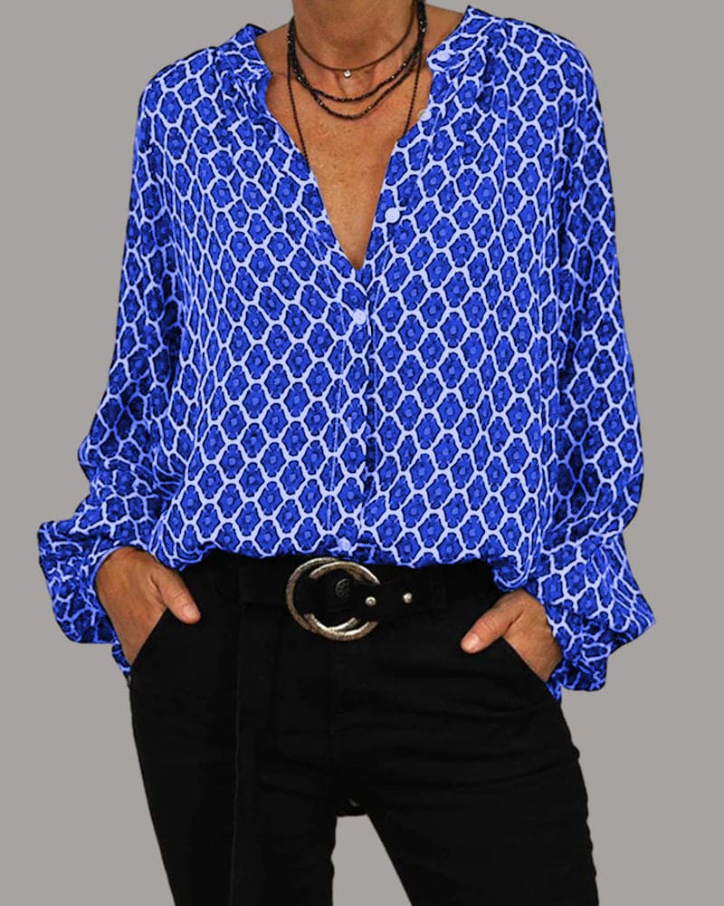 Dames Blouse van Katoenmix – Geometrisch Patroon met Elegante V-hals en Comfortabele Pasvorm 5