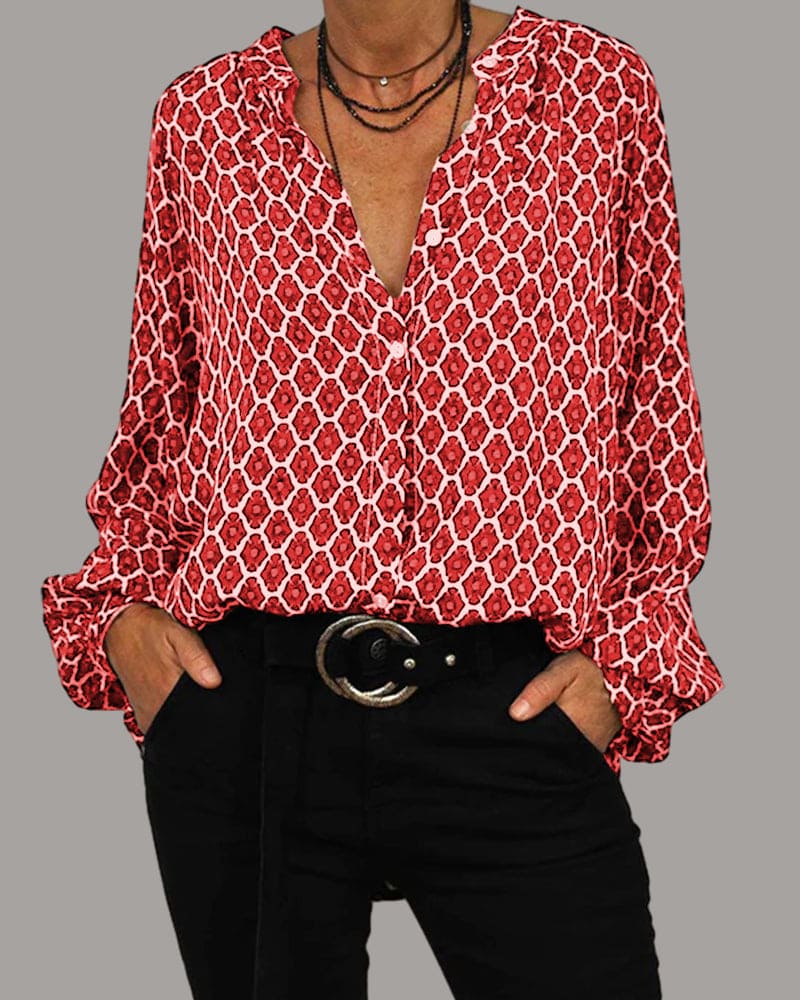 Dames Blouse van Katoenmix – Geometrisch Patroon met Elegante V-hals en Comfortabele Pasvorm 4