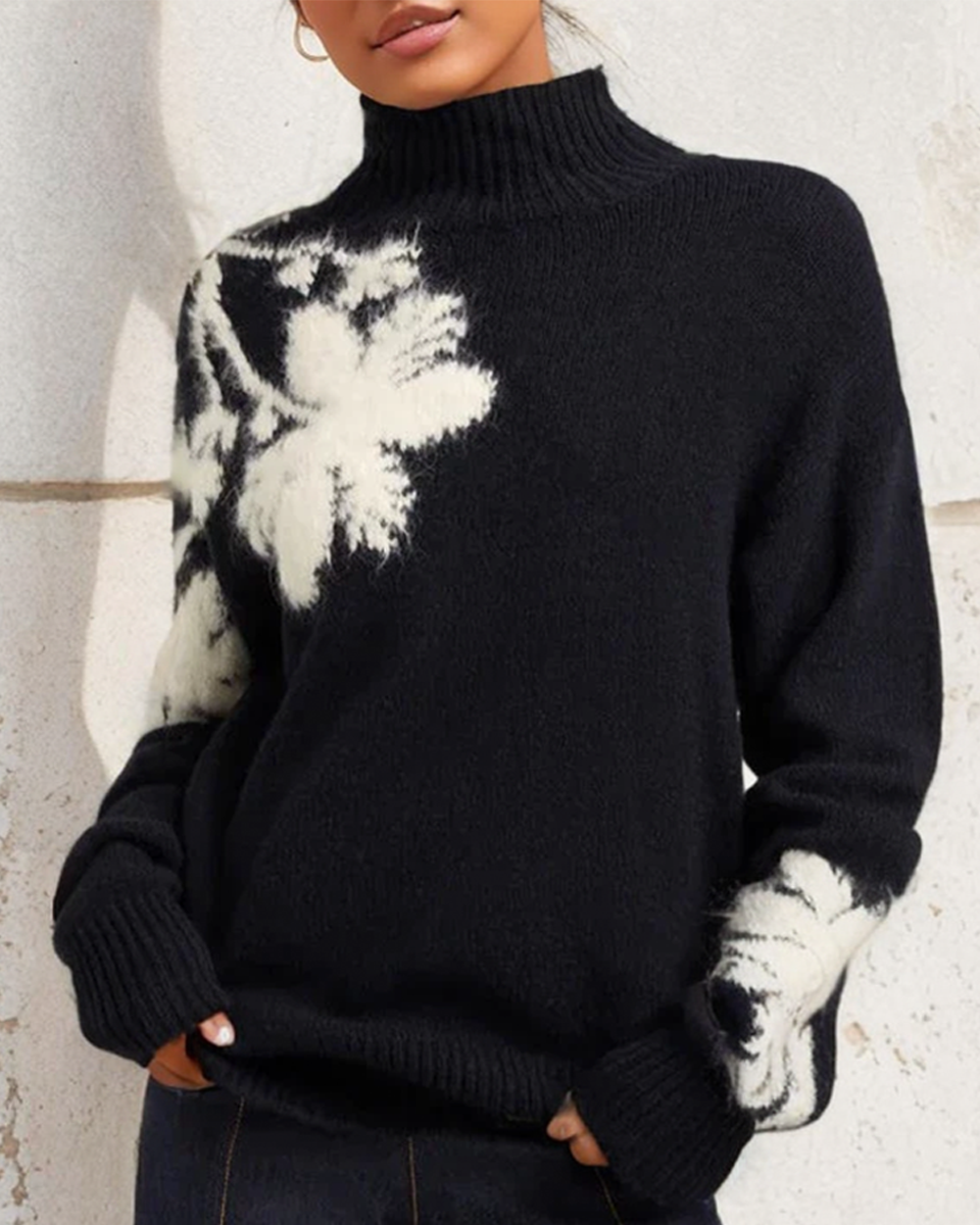 Dames Coltrui met Asymmetrische Bloemenprint en Geribbelde Kraag - Comfortabele Losse Pasvorm voor Herfst en Winter 0