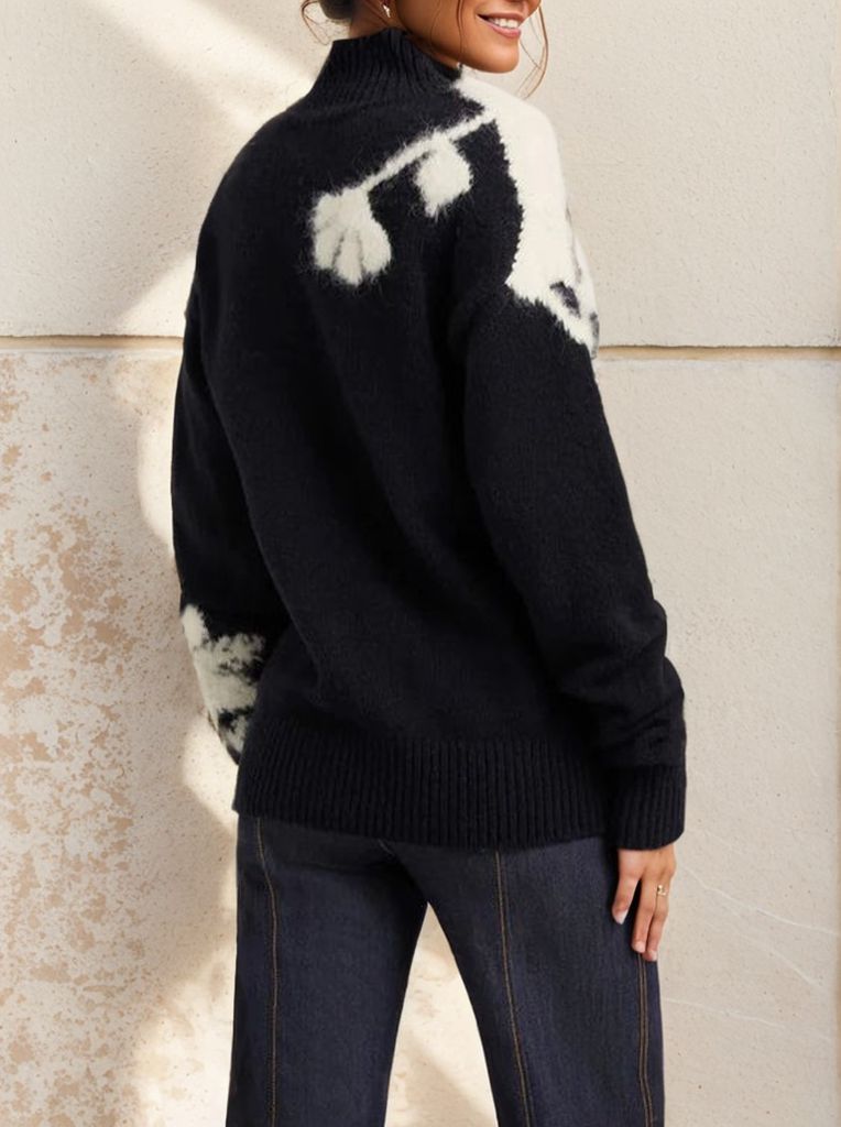 Dames Coltrui met Asymmetrische Bloemenprint en Geribbelde Kraag - Comfortabele Losse Pasvorm voor Herfst en Winter 1