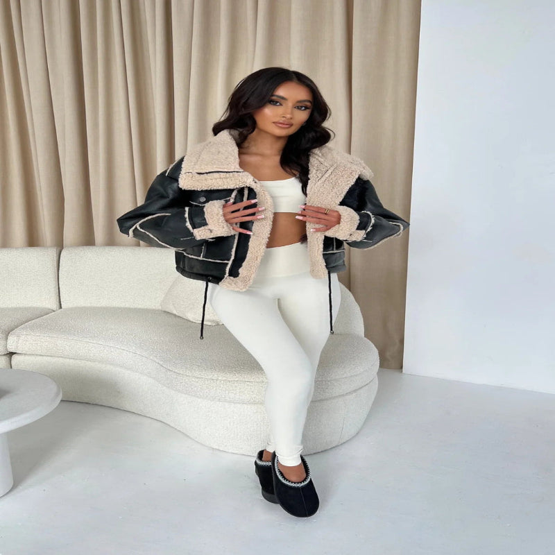 Dames Jas Winter met Warme Fluwelen Voering en PU-Materiaal – Korte Damesjas voor Elegante Stijl 2