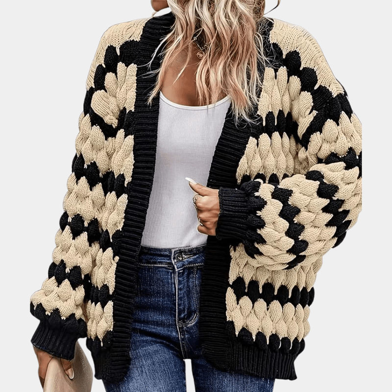 Damesvest met Rits en Tweekleurig Golfpatroon – Wijde Pasvorm voor Vrijetijdskleding 0