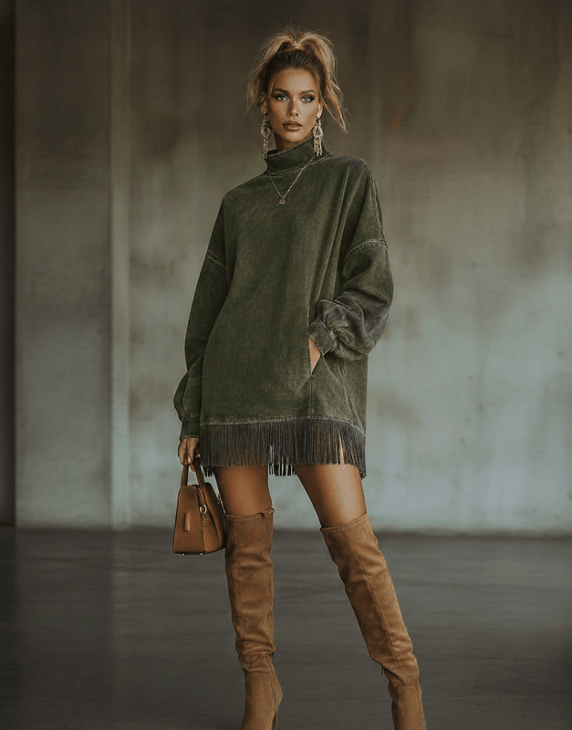 Elegante Boho Chic Jurk met Franjes en Lange Mouwen van Suèdine – Oversized Coltrui Jurk tot de Knie 3