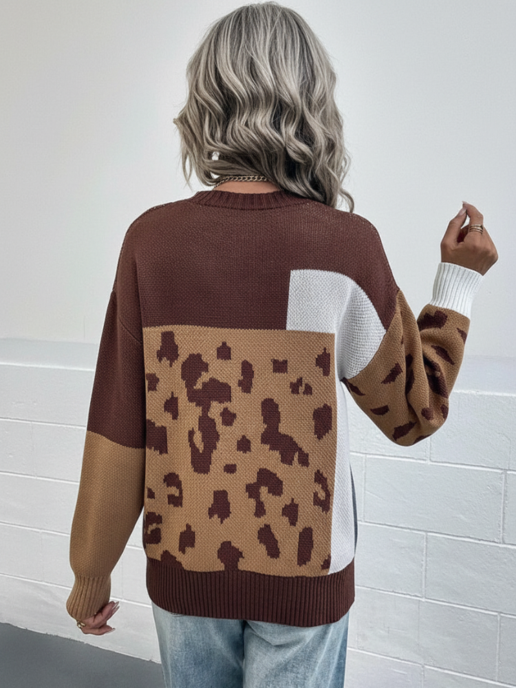 Elegante Casual Trui Dames met Patchworkdesign en Dierenprint – Relaxed Fit voor Herfst en Winter 4