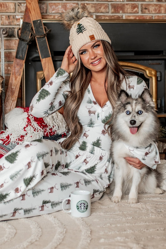 Geribbelde Loungewear Set Dames met Bomenprint – V-hals Bodysuit en Wijde Pijpen – Wit, Groen, Bruin 2