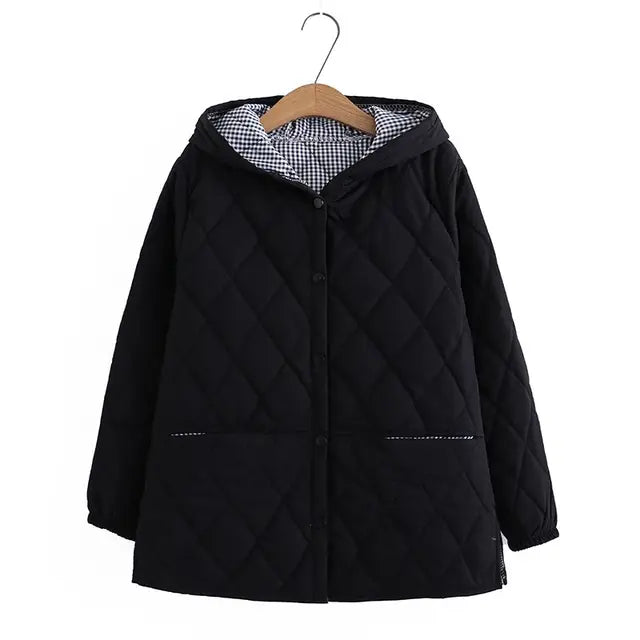 Gewatteerde Damesjas Winter met Capuchon en Knoopsluiting – Stijlvol Ruitpatroon voor Dagelijks Gebruik 0
