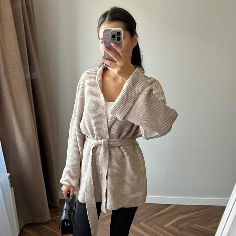Gezellige Gebreide Dames Jas met Afneembare Riem – Lange Wikkelstijl voor Koude Dagen 7