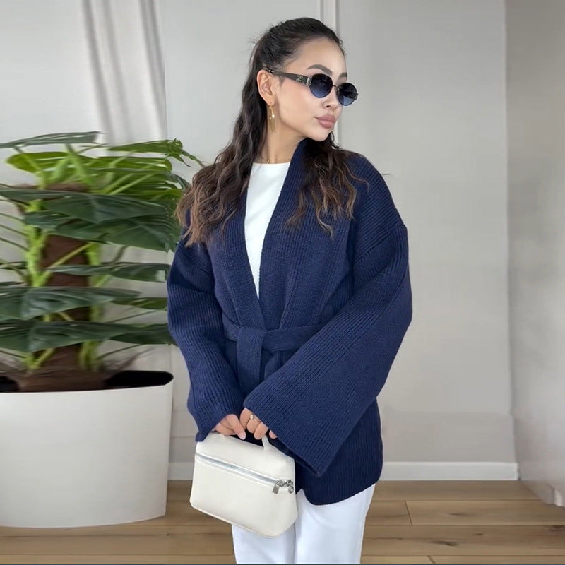 Gezellige Gebreide Dames Jas met Afneembare Riem – Lange Wikkelstijl voor Koude Dagen 8