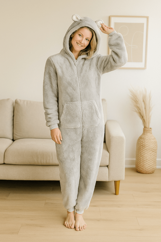 Grijze Teddybeer Dames van Zacht Teddymateriaal – Comfortabele Capuchon, Ideaal voor Thuis en Verkleedfeestjes 0