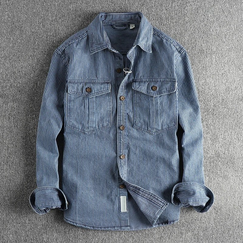 Heren Denim Overhemd met Gestreept Patroon, Lange Mouwen en Twee Borstzakken - Vintage Stijl 0
