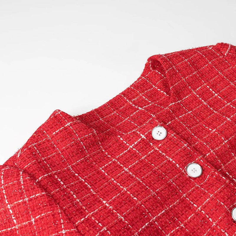 Klassiek Ruitpatroon Dames Tussenjas met Decoratieve Knopen – Elegant Korte Jasje voor Formele en Casual Gelegenheden 3