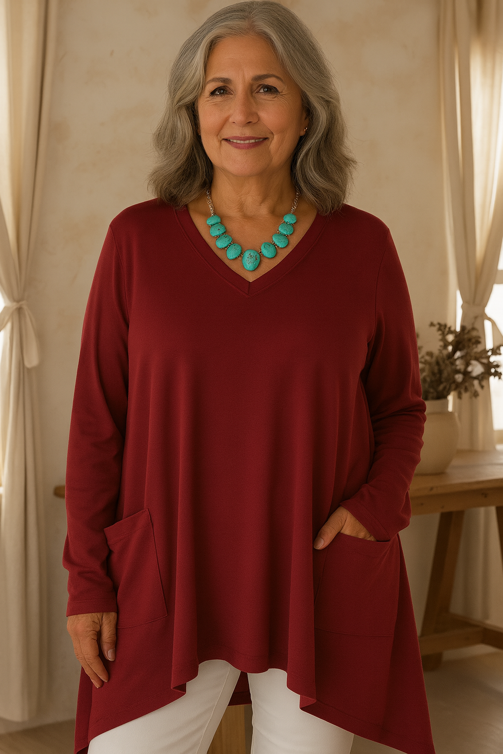 Losse V-hals Trui met Onregelmatige Zoom en Zakdetails – Casual Dames Trui voor Comfort en Stijl 0