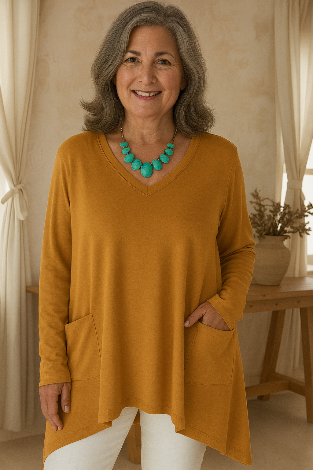 Losse V-hals Trui met Onregelmatige Zoom en Zakdetails – Casual Dames Trui voor Comfort en Stijl 3