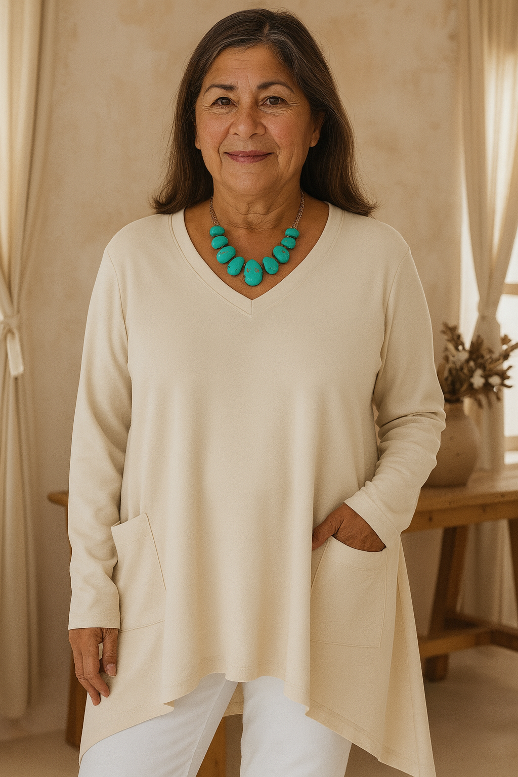 Losse V-hals Trui met Onregelmatige Zoom en Zakdetails – Casual Dames Trui voor Comfort en Stijl 4