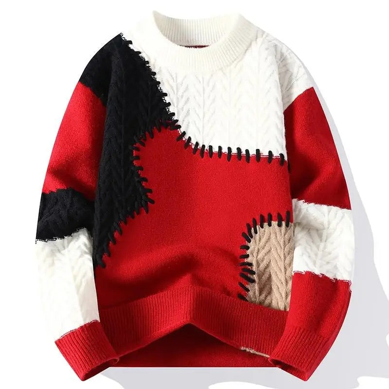 Moderne Gebreide Heren Trui met Patchwork Design in Groentinten - Zachte en Comfortabele Sweater voor Herfst en Winter 2