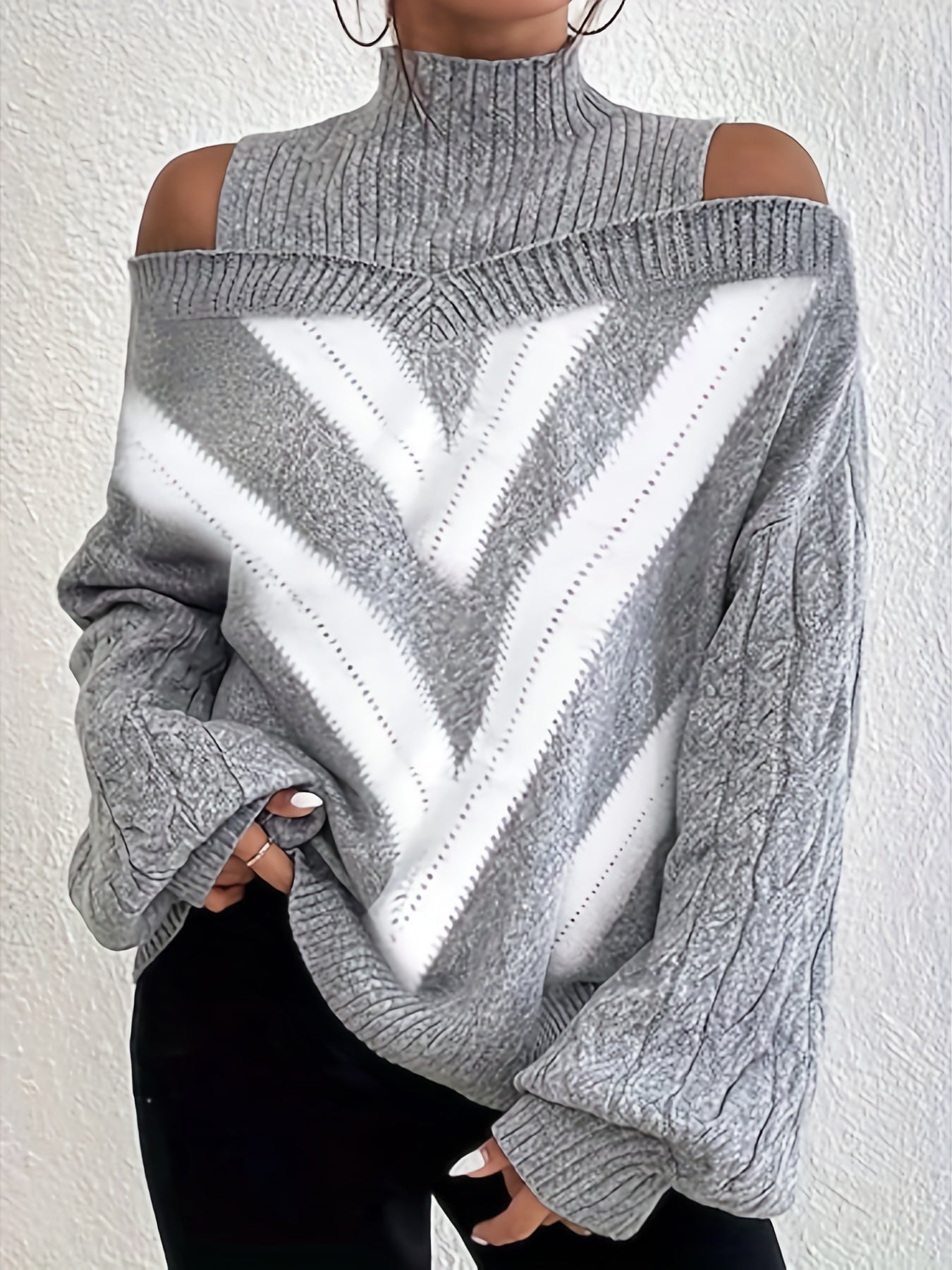 Off-Shoulder Gebreide Trui Dames met Contrastpatroon – Comfortabele en Elegante Casual Look 1