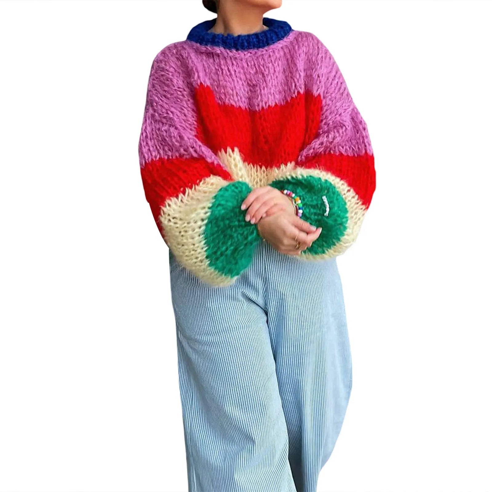 Oversized Gebreide Damestrui met Gestreept Patroon - Warme en Leuke Casual Look voor Herfst en Winter 1