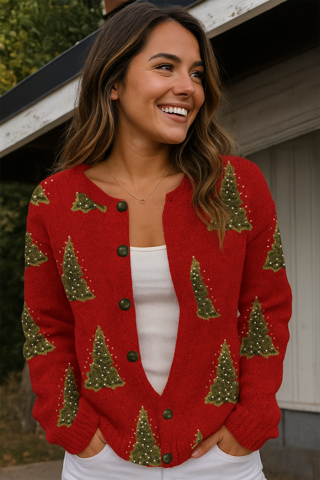 Retro Kerstboom Gebreid Vest – Knoopvest met Kunstprint voor Dames 4