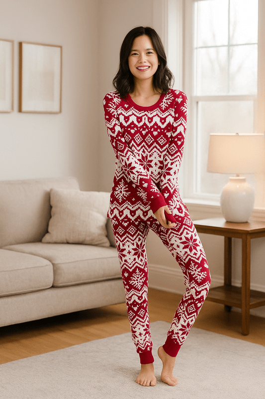 Rode Kerst Pyjama Dames van Zachte Katoenmix met Elastaan - Warme Nachtkleding voor Feestdagen, Compleet Set 2