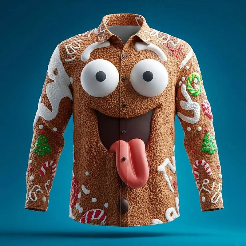 Speels Gingerman Shirt met 3D Gezichtsontwerp en Snoepdetails – Multicolor, Zacht Vakantietextiel voor Feestelijke Gelegenheden 0