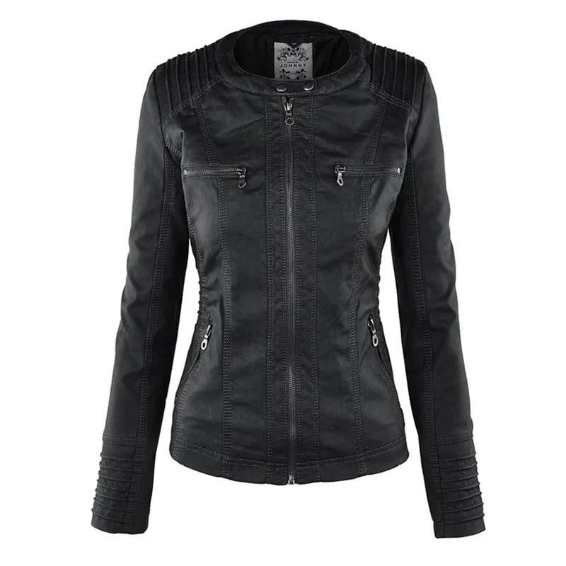 Stijlvolle Leren Motorjas met Capuchon - Elegante Regular Fit voor Vrouwen, Zwart, Hoogwaardig Leer 2