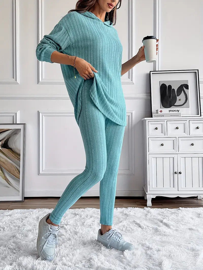 Tweedelige Loungewear Set Dames met Oversized Top en Hoge Taille Legging – Geribbelde Gebreide Comfortabele Outfit 1