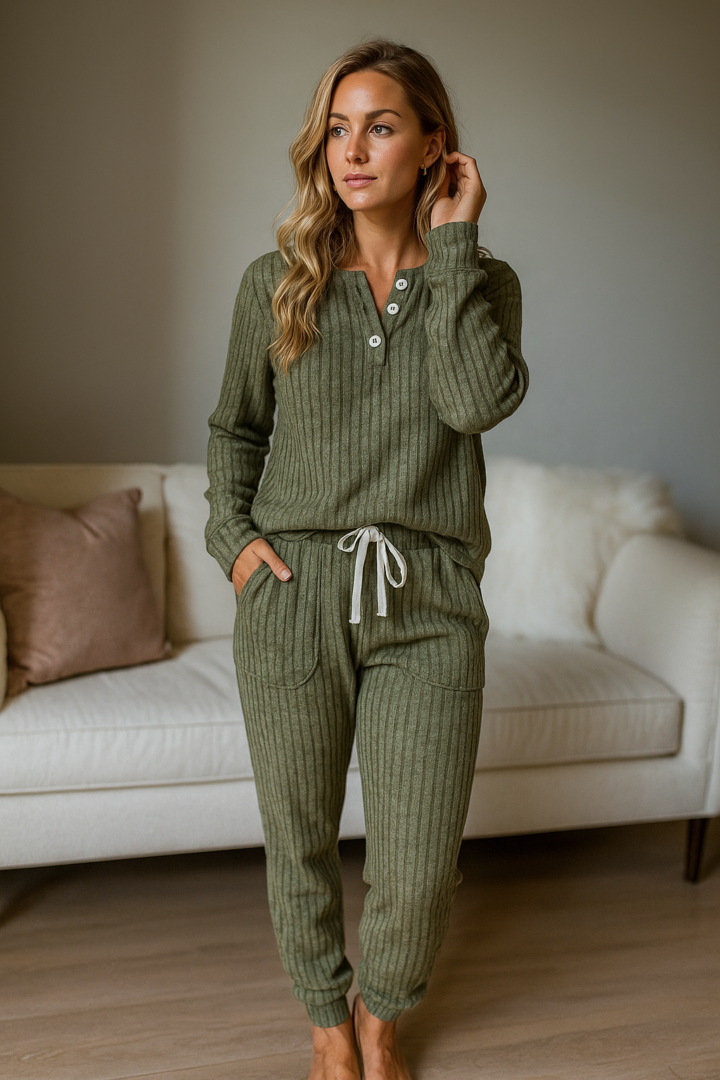 Tweedelige Set Dames - met Lange Mouwen en Comfortabele Ribgebreide Outfit met Zakken 5