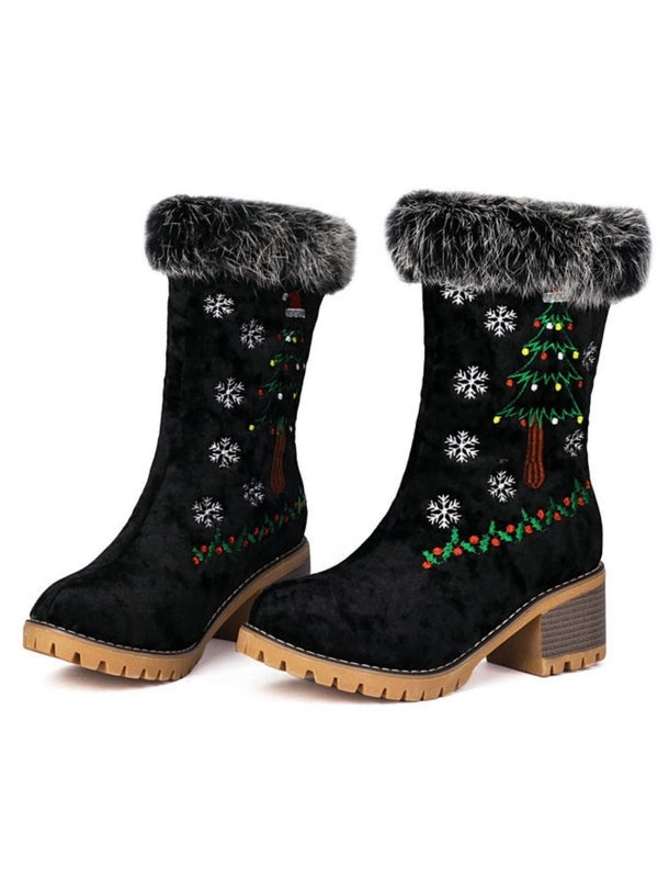 Vintage Dames Laarzen met Dikke Hak en Sneeuwvlok Motief - Suède, Imitatiebont Voering, Elegante Winterlaarzen 6