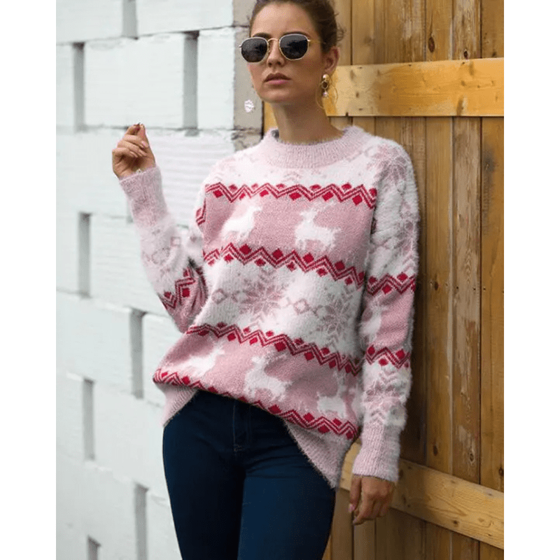 Warme Rode Kersttrui Dames met Rendierdesign - Foute Kersttrui voor Feestdagen, Ronde Hals, Comfortabel en Stijlvol 0