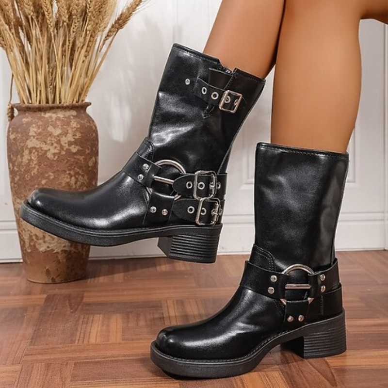 Dames Laarzen met Gesp en Blokhak - Winter Enkellaarzen met Middelhoge Schacht voor Comfort en Stijl