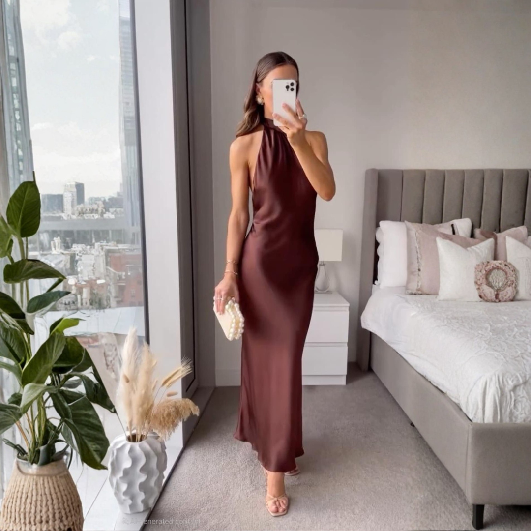 Woman wearing an elegant sleeveless chocolate brown satin halter dress, holding a pearl clutch in a modern bedroom setting.