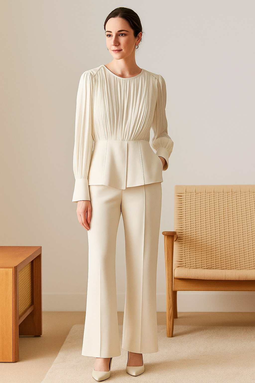 Casual Witte Effen Lange Mouwen Twee Delige Set – Comfortabel & Stijlvol voor Elke Gelegenheid