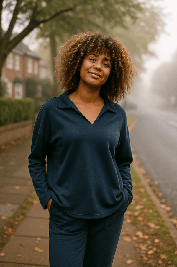 Dames lounge-sweatshirt met V-hals, gemaakt van zachte en ademende stof voor dagelijks comfort.