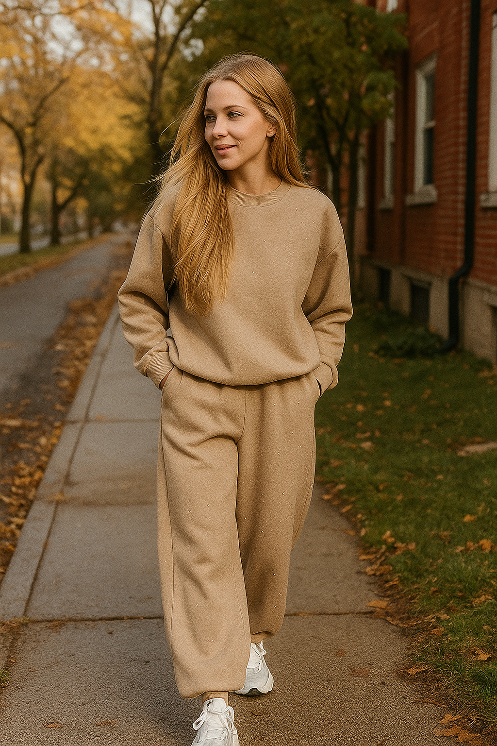 Damesoutfit set in de kleur camel, bestaande uit een comfortabele top en broek met moderne, tijdloze uitstraling.