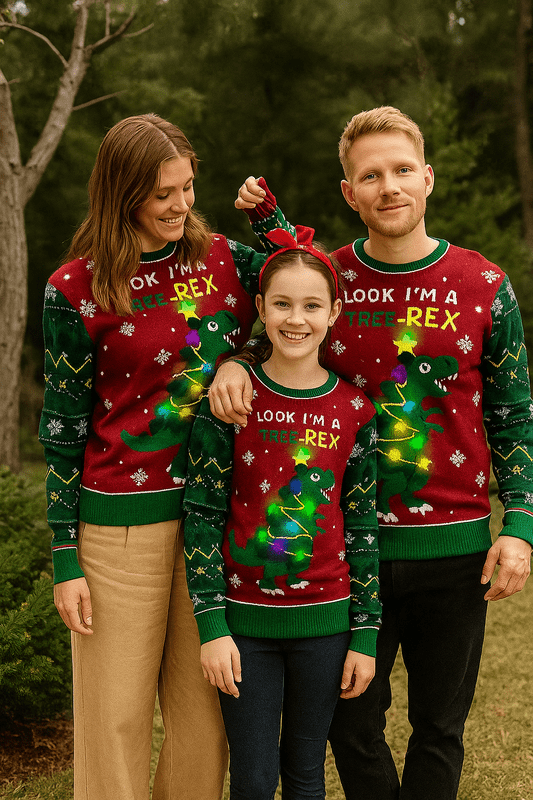 Unisex Foute Kersttrui met LED-Verlichting - Tree-Rex Design voor Dames en Heren, Lange Mouwen, Machinewasbaar 1
