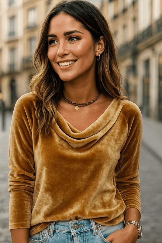 Fluwelen Top met Gedrapeerde Halslijn en Lange Mouwen – Luxe Casual Elegante Blouse 1