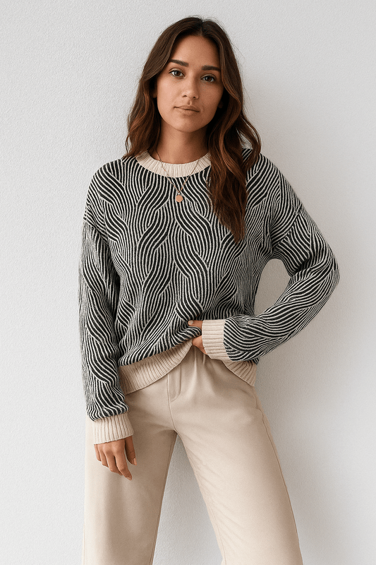 Damestrui met Ronde Hals en Lange Mouwen – Gebreid Materiaal met Golfpatroon 1