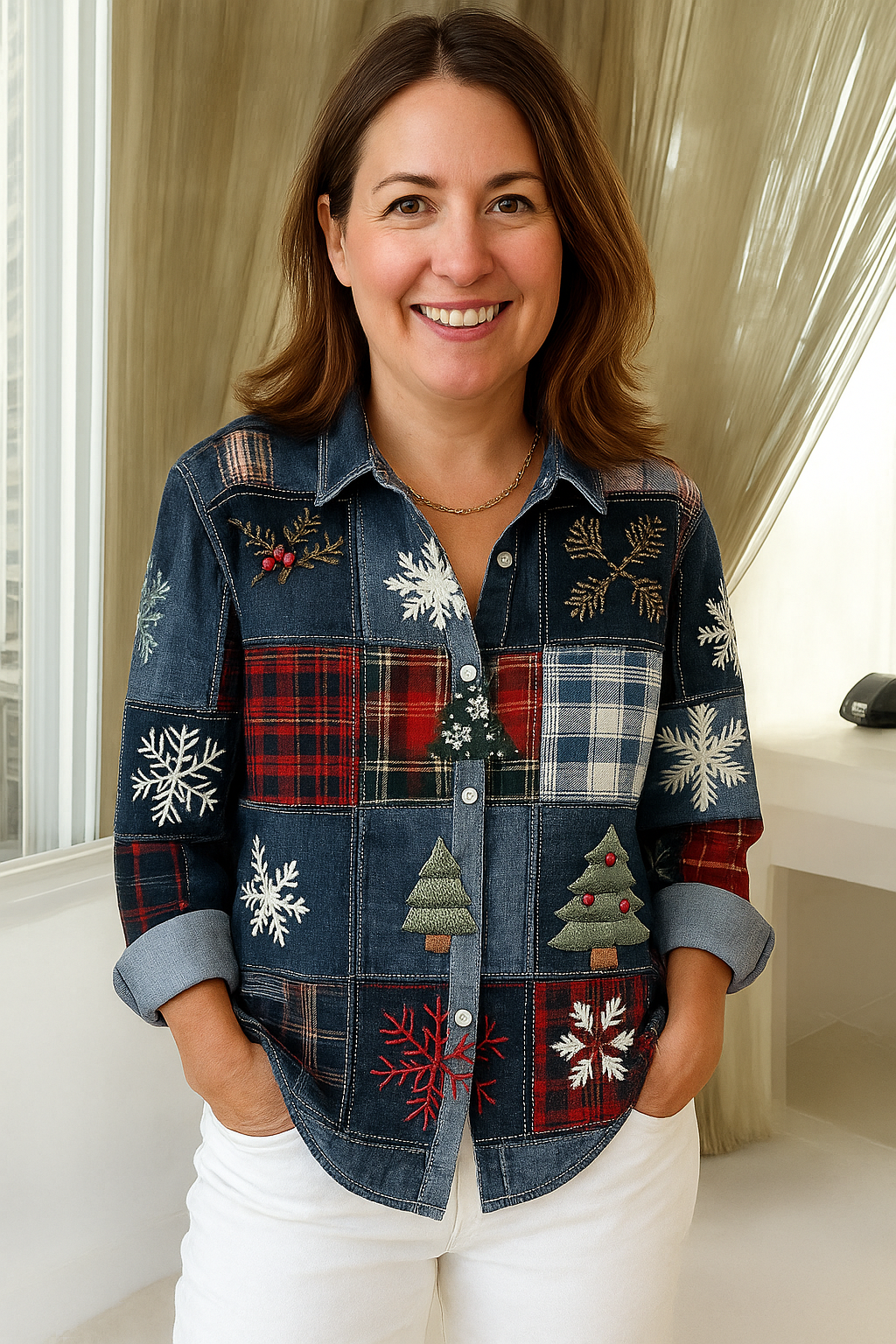 Casual Patchwork Blouse Dames voor Feestelijke Gelegenheden - Zacht en Comfortabel, Perfect voor Winteractiviteiten 1