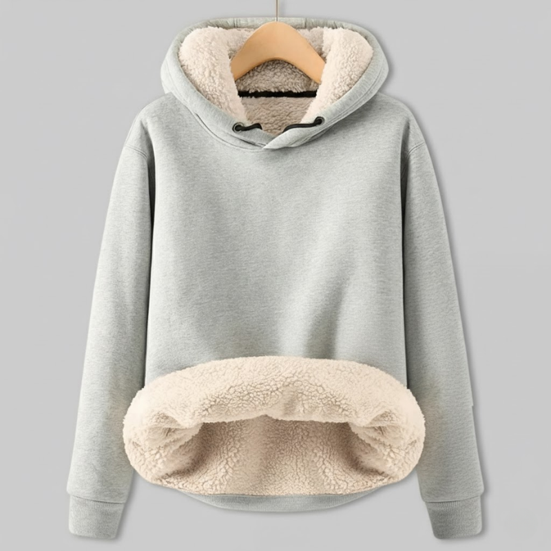 Gray hoodie with cream sherpa fleece lining, featuring a drawstring hood and a large cozy front pocket.