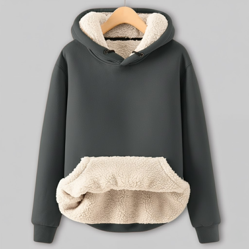 Dark Gray hoodie with cream sherpa fleece lining, featuring a drawstring hood and a large cozy front pocket.