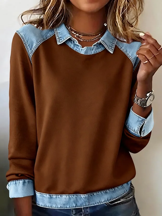 Casual Dames Pullover met Denim Kraag en Stikselaccenten – Stijlvolle Sweater met Unieke Spijkerlook 5