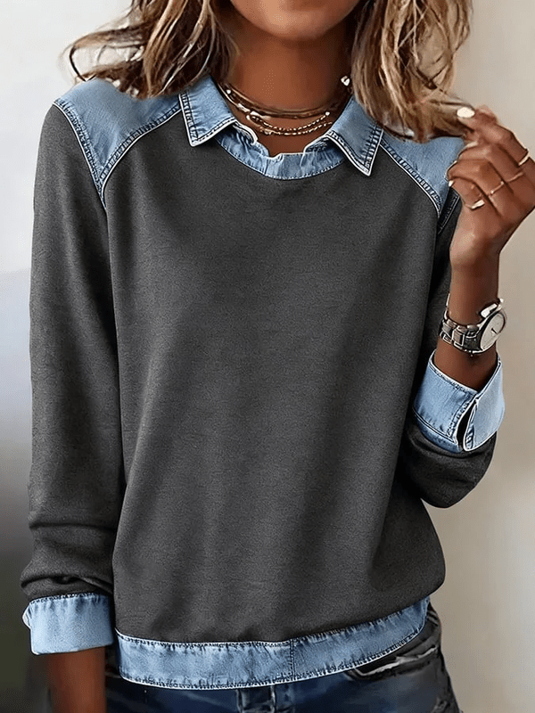 Casual Dames Pullover met Denim Kraag en Stikselaccenten – Stijlvolle Sweater met Unieke Spijkerlook 6